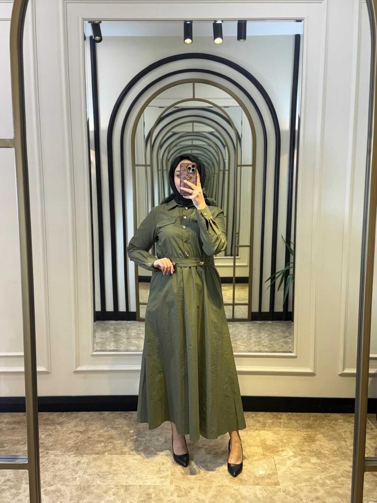 MSM NAKIŞLI KEMERLİ ELBİSE HAKİ