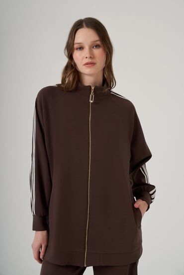 NUSS ŞERİT DETAY CEKETLİ TAKIM KAHVE