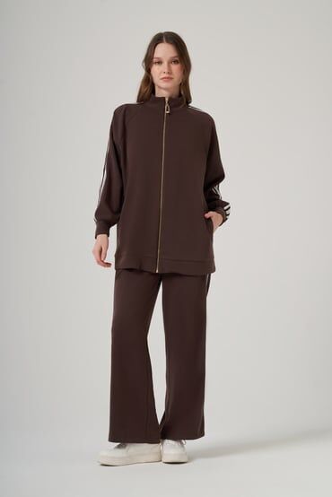 NUSS ŞERİT DETAY CEKETLİ TAKIM KAHVE