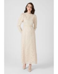SELVİ ÇETİN ZARİF DANTELLİ ELBİSE BEJ
