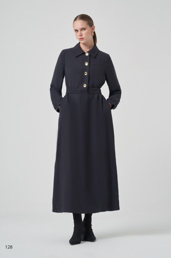 NUSS GOLD DÜĞMELİ LACİVERT ELBİSE